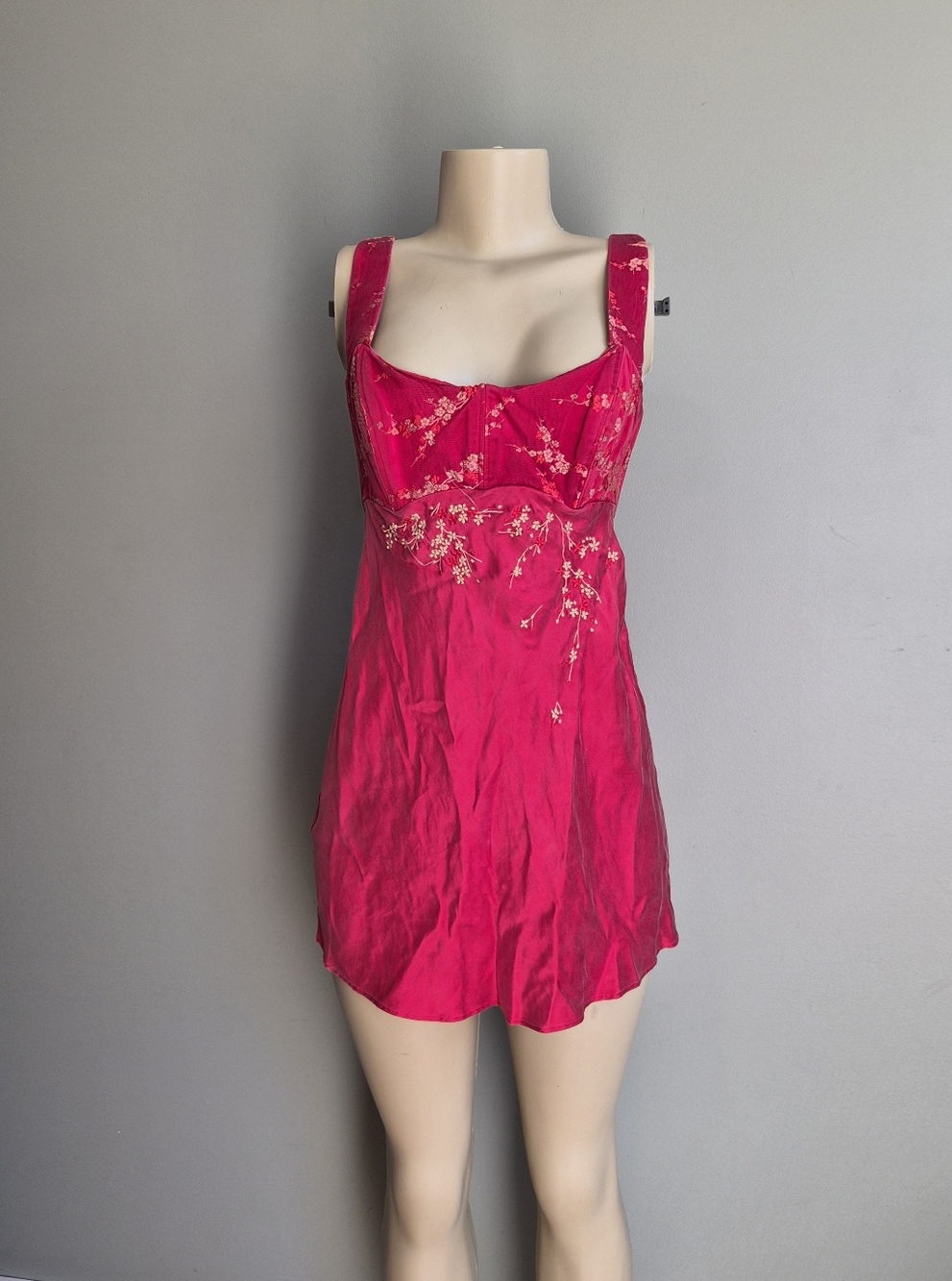 Hot Pink Floral Embroidered Satin Chemise - Women Intimates